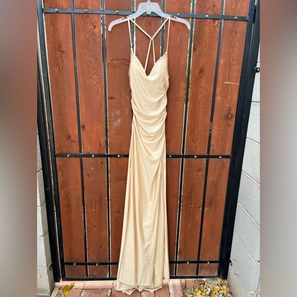 La Femme Long Criss Cross Back Dress Gown 28206 in Nude Size 2 - Picture 3 of 7